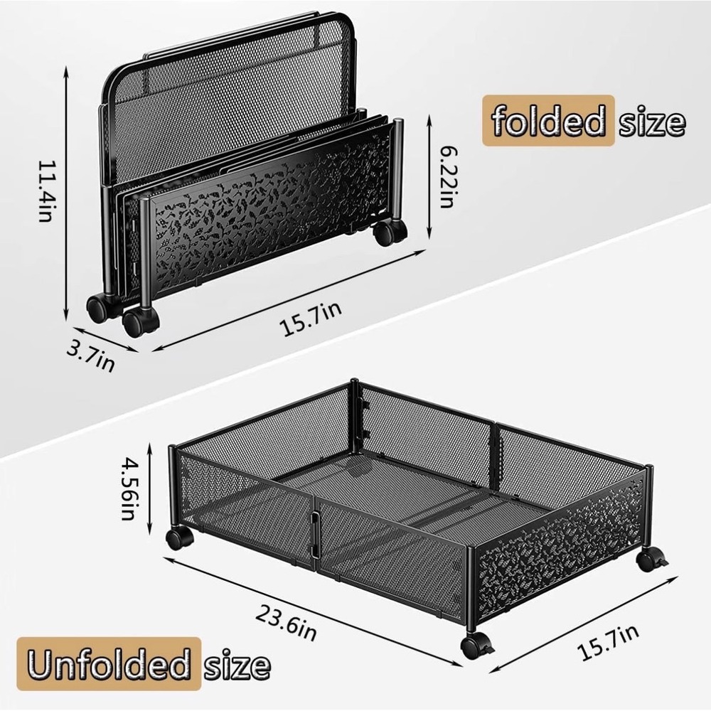 2 Black Metal Mesh Rolling Underbed Storage Bins Bird Leaf Design Foldable